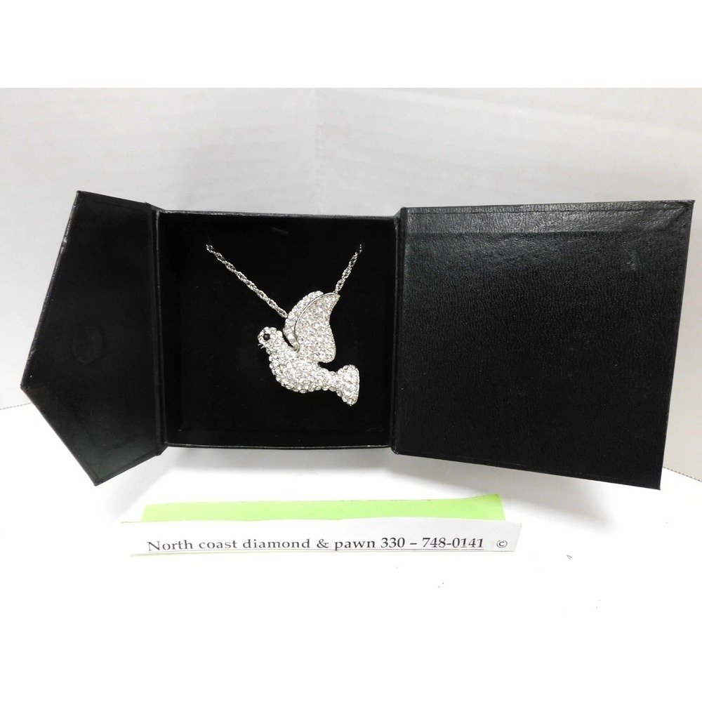 Morningside Silver Tone Rhinestone Dove Bird Pendant Necklace Brooch Pin DW779